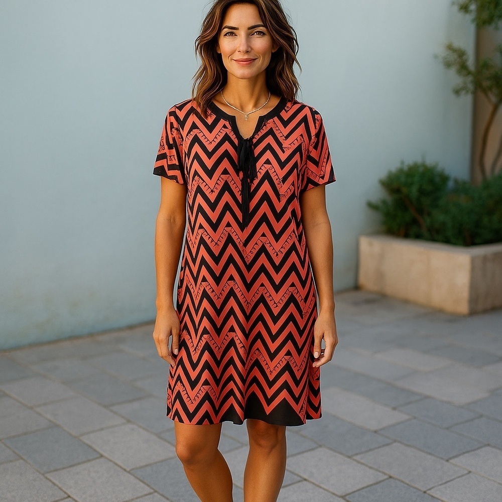 Women's Chevron Print Shift Dress Coral Navy Knee Length Casual Boho Tunic Sz Lg